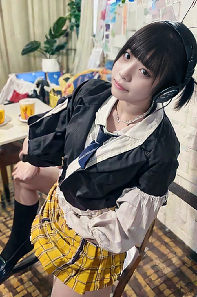 masterpiece、Highest quality、Awareness-raising、Ultra-detailed、High resolution、Absurd、One Girl、very cute、short hair、smile、[Sailor suit in white tones]、internal、shoulders are cut off、Yellow neckerchief、White ribbon、[Headphones]、Audiences love it、Heart background、Love love、Optics、Delicate hands、Chiquita、she、Bedroom、night、Delicate eyes、Blue Archive Style、NSFW、(((Lift your skirt up yourself))),Panties Off,socks, (Black knee socks),(Loafer shoes), A horizontal seat with its back to the window、(Boy and girl having sex)，Pantylesilky white fluid around the vaginal opening）），Sitting in a chair,Big Breasts, ( Naughty, Half-open eyes, Drooling), Spread your legs, Thigh focus, [Full Body Shot], Shooting from below、((Emma Watson))、Hyperas、A beautiful crack、Hermione、naked、