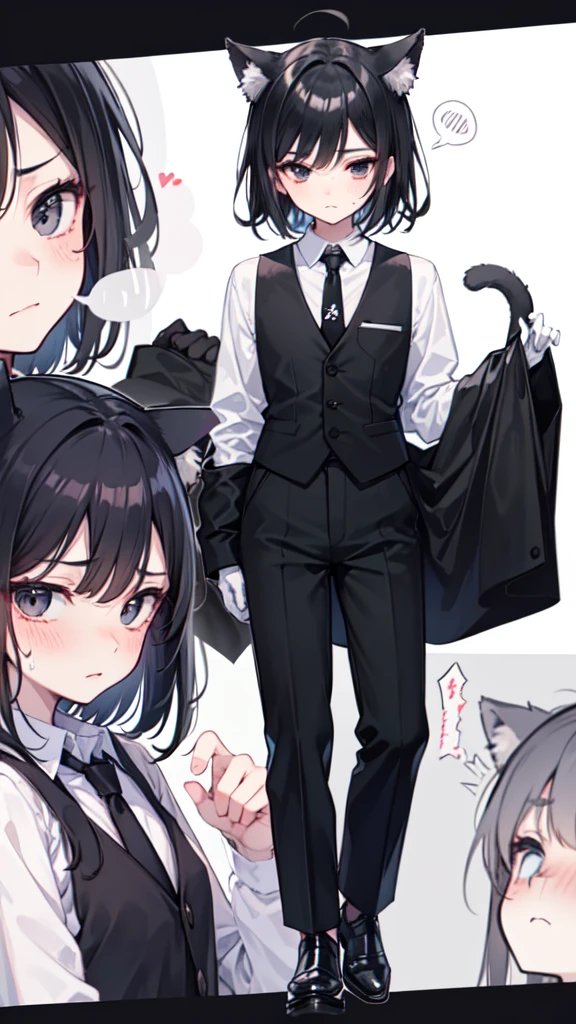 18-year-old Shota，cute，Wear a white long-sleeved shirt and a black work tie，Wear black pants，Wear black booties，Wear white gloves，wear cat ear，Black hair，Black eyes，Handsome，Disdainful and cold expression，shy，blush，Sweating，porn
