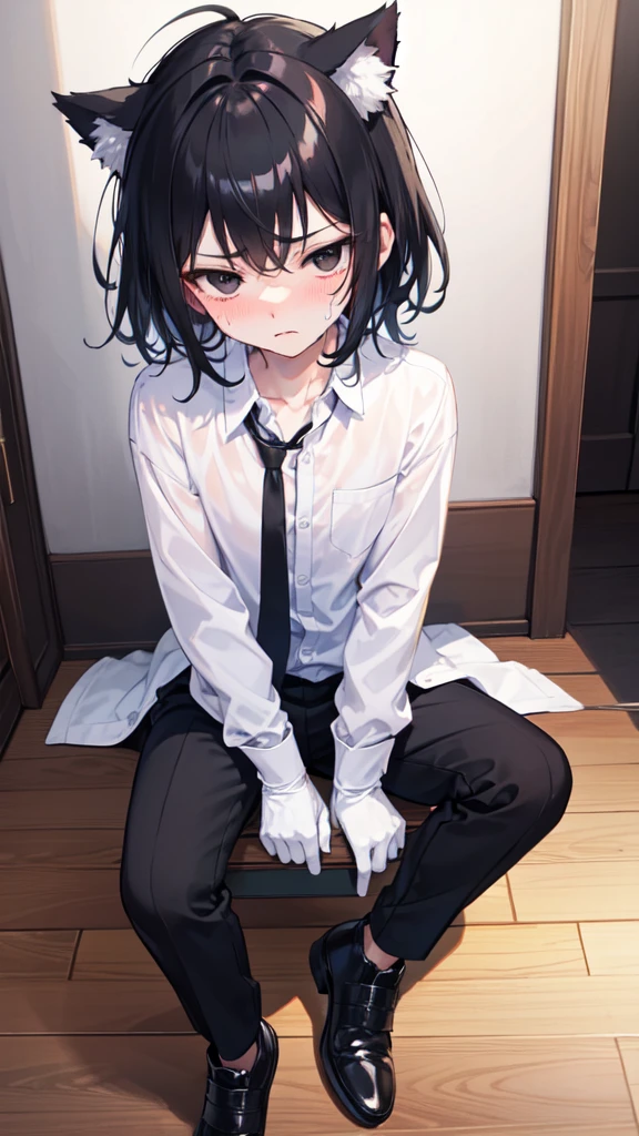 18-year-old Shota，cute，Wear a white long-sleeved shirt and a black work tie，Wear black pants，Wear black booties，Wear white gloves，wear cat ear，Black hair，Black eyes，Handsome，Disdainful and cold expression，shy，blush，Sweating，porn