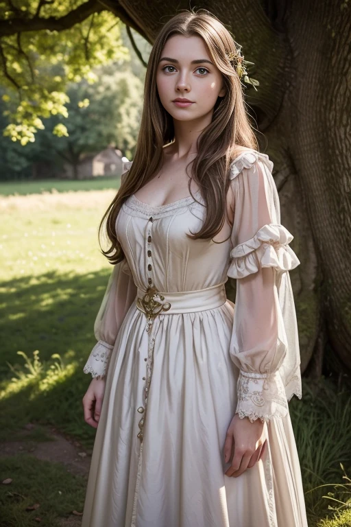 Louise de Chevigny, 18 years old, very pale skin,  very small breasts, freckles, hyper photorealistic, cute French peasant girl, standing near a river under a huge oak tree, 18 years old, detailed face and eyes, sexy, pleasure, perfect young adult skinny body, very pale skin, full body portrait, expression enjoyment, Masterpiece, idyllic aura, medieval environment, a middle ages windmill in the background, cinematic lighting, brown detailed hair, brown eyes, little smile, fine facial traits, Slim physique, depth of field, cinematic