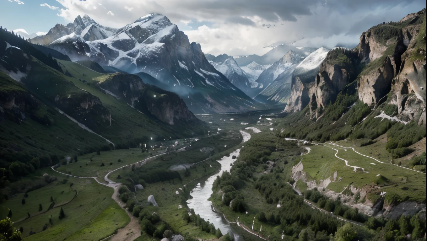 a deep valley surrounded by impressive rock walls, a river flowing through the valley, lush green meadows, snow-capped mountains, (best quality,4k,8k,highres,masterpiece:1.2),ultra-detailed,(realistic,photorealistic,photo-realistic:1.37),landscape,realistic,detailed landscape,dramatic lighting,cinematic,vibrant colors,moody atmosphere,intricate details