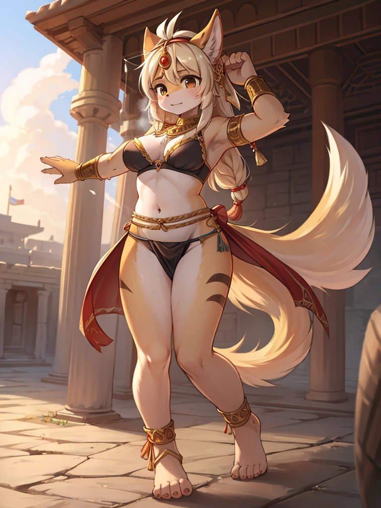 Anthro female teenaged white wolf, solo, serious expression, masterpiece, best art, body, by scappo, by patto, detailed eyes, detailed body, claws, greek pants, feet, chest wraps