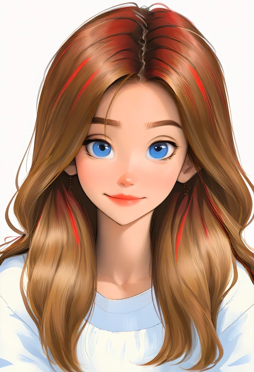 portrait of a cute woman, long hair, light brown hair with red highlights, blue eyes, wearing white, White background, akira toriyama style