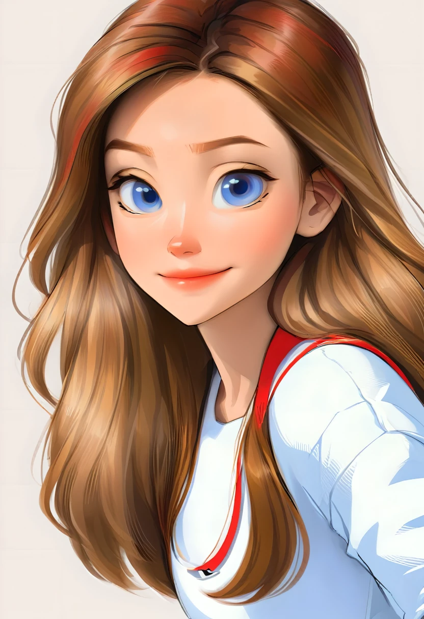 portrait of a cute woman, long hair, light brown hair with red highlights, blue eyes, wearing white, White background, akira toriyama style