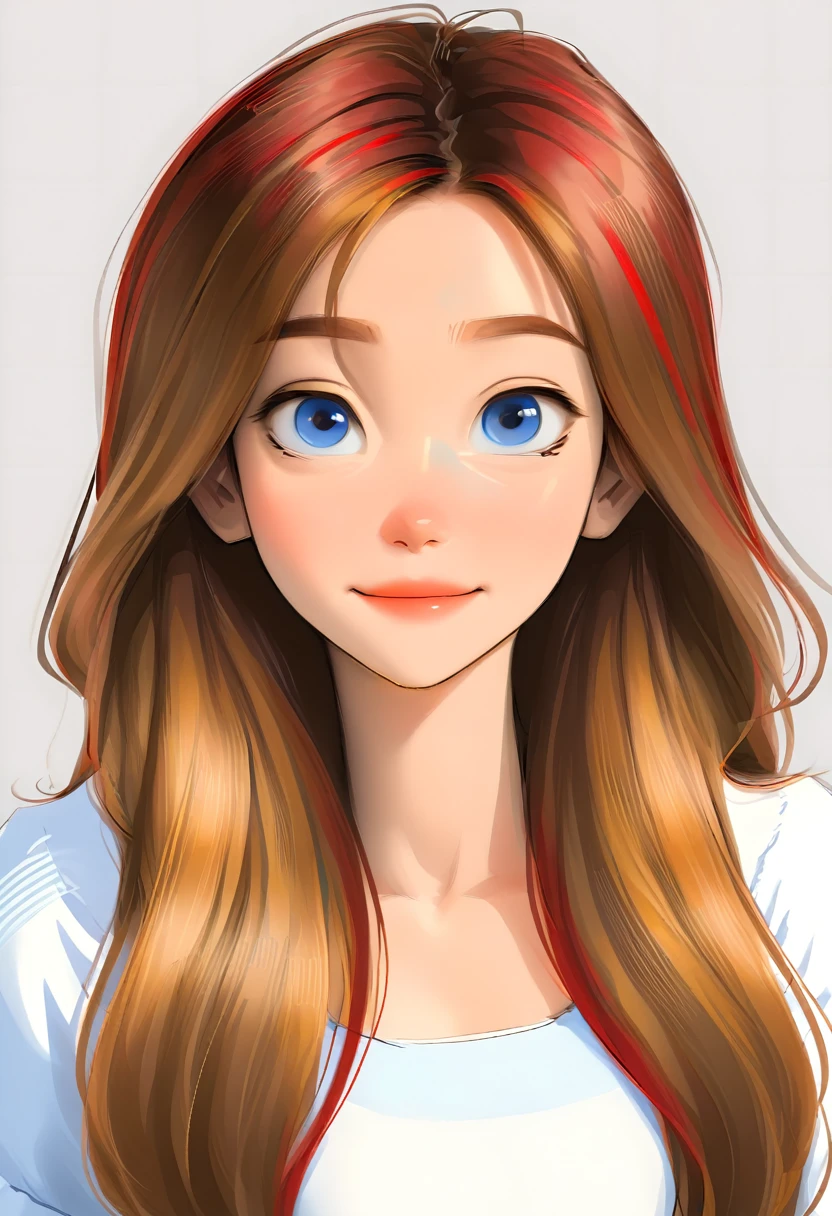 portrait of a cute woman, long hair, light brown hair with red highlights, blue eyes, wearing white, White background, akira toriyama style