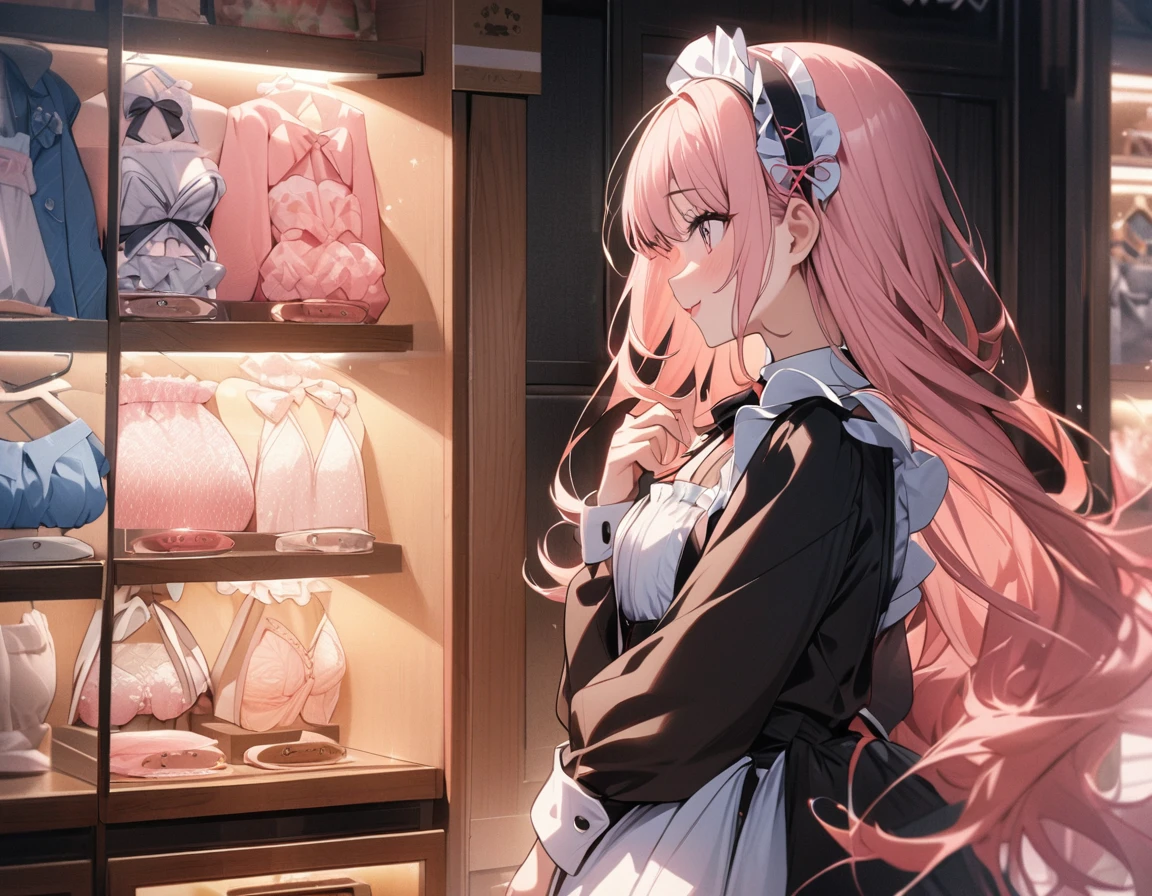 (Highest quality, 4K, 8K high resolution, masterpiece:1.2), Very detailed, 2 people, woman, (JK, , blazer, Pleated skirt),(blackくて長いストレートヘア), Lingerie Shop, Product Selection, profile, smile, Hopeful, Cute underwear neatly arranged, colorfulな下着, light up, Soft and delicate texture, impressive, Bright colors彩, Delicate fabrics, Attention to detail,美しい細かいeye, 美しいlipsのディテール, Long eyelashes, Bright colors, Soft and warm color palette,,(Best image quality),(Hair is pink、Drill Twin、Maid clothes),(Master's Work),(Super detailed),(詳細なeyeの描写:1.0),(Lens flare:1.0),(Movie Posters:1.0),(Tarot Border:1.0),Portraitureは中央に配置されます,(close:1.0),(nagative space:0.8),(Negative space:1.6),(alone),(colorfulに浮かぶ {Wind|Water magic|ink|crystallizations|ice|fire|inflammation|lightning|web|rock|sand|particle|光のfire花|Blood}:1.0),(colorfulなものが多い {Soap bubble|cloud|Thorn|spike|Grapevine|current|spiral|barely|wing|Tattoo|Cube|octahedron}:1.0),(floating {red|green|green|Aqua|purple|yellow|black|white|gray|Pink|orange|lime} {ribbon|Fater|particle|blade|water滴|Snow Flower|soft ball}:1.0),({crystallization|ice|fire|inflammation|Wind|water|Earth|stone|space|musical|Sonic|Vortex} {magic|wing}:1.0), ({Ray Tracing,Shine|Speckled sunlight,light,Caustics|night,Black Theme|mysterious,Creepy|easy going,pastel}:1.2), ({colorful|Sparkling|Multicolor}:1.0),(Beautiful sparkle:1.0),({Leaning forward|Lean back|Tilt to the side|}:1.2),{(smile:1.0)|(False Smile:1.0)|(Stern expression:1.0)},({small|small||lips,eyelash}:1.0),{(Open your mouth:1.0)|(Mouth closed:1.0)|},({eyelash|eye shadow||}),{片eyeを閉じて|||},(),({From below|From above|From the side From the side|From behind|Face-to-face viewer}:1.3),(Hello:1.3),(Tilt your head:1.0),(Dynamic pose:1.1),,({red|green|green|Aqua|purple|yellow|black|white|gray|Pink|orange|lime} {armor|dress|Collared shirt|suit|Costume}:1.0),({formal|army|Techwear|Urban style|casual,casual clothes|Fantasy,Magister|wild,Tribe|sf,Futuristic}),({Checked skirt|Layered skirt|Fluffy dresses|tights|pants|Shorts}),({red|green|green|Aqua|purple|yellow|black|white|gray|Pink|orange|lime} {eye|eye|student}:1.4),,,,{Length jacket|blazerジャケット|Cape|sweater|tie||},{(Floating Cape:1.0),|}({Fox Ears, Fox Girl|吸Blood鬼, Bat Wings|Pointed Ears,(Fairy:0.5)||}:1.1),({Abstract background|city,Skyscraper|forest,garden|city|shrine|cave,underground|Swamp|lake|winter|Alien planets|}:1.4),({indoor,internal|屋outside,outside}:1.1),,({Sitting|flight|Jump|lay|Are standing|Are standing on one leg}:1.1),({Skin of color|white skin|green skin|greenwhiteい肌|By thing|Shiny skin|blackい肌||}:1.1),({Full Body Lesbian|Upper Body|Portraiture|}:1.25),{tooth, 皮のtooth|Tongue Stock|Frowning|lipsを噛む|Thinking|||||}, {虚ろなeye| student in symbol shapes, Heart-shaped student| Slit pupil, + +|||||}, (pink hair, twin tails twin drill, show your forehead, blue eyes, White frilled white headband, slanted eyes, smile, long sideburns, curled bangs, neck ribbon, Forehead, amount),