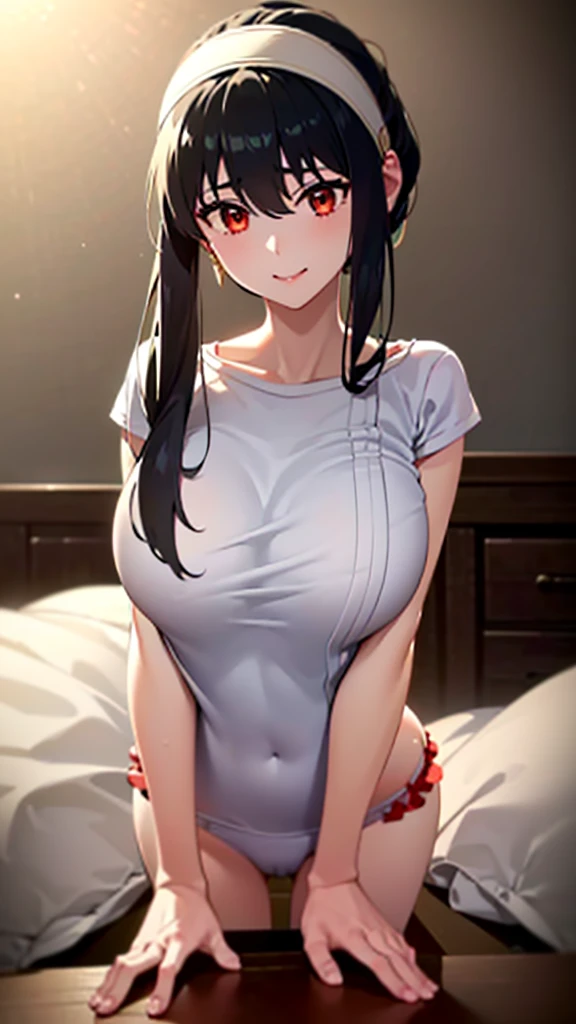 (((One girl:1.5, alone))), Very pretty woman photo,Yor Briar、 (Sexy Model), Professional attire, (22 years old: 1.1), Portrait of a cheerful smiling girl, Full body images, When viewed from the front, The composition is symmetrical, (Looking straight at you, Are standing, Leaning forward:1.2, Sexy Model pose), break, (shiny fine hair: 1.2), (Bob Ponytail:1.3), dark red eyes, Beautiful Eyes, Princess Eyes, ((Black Hair:1.3)), A single hair, bangs, Hair between the eyes, Long Hair, curve, Abdominal muscles, perfect Abdominal muscles, (Huge breasts;1.37, Large Breasts:1.37, Large Breastsの谷間:1.37), (Narrow waist: 1.15), (Detailed beautiful girl: 1.4), Part your lips, Red lips, (Shiny skin), ((Perfect female body)), (Upper body image:1.3), Encircling the head, Perfect Anatomy, Perfect proportions, 8.5 Life-size, Face Focus, break, (Bare shoulders, Chest tightness, Show Viewer, (White T-shirt and red high leg bloomers:1.4), break, (Japanese izakaya detailed background:1.2), (Studio Lighting: 1.3), (Cinematic lighting: 1.3), (Backlight: 1.3), Dim lighting, Full body lighting, break, (Realistic, Realistic: 1.37), (masterpiece, Highest quality: 1.2), (Ultra-high resolution: 1.2), (RAW Photos: 1.2), (Sharp focus: 1.3), (Face Focus: 1.2), (Ultra High Definition CG Integrated 8K Wallpaper: 1.2), (Beautiful Skin: 1.2), (Pale skin: 1.3), (Hyper Sharp focus: 1.5), (Ultra Sharp focus: 1.5), ( Beautiful pretty face: 1.3), (Highly detailed background, Detailed Background: 1.3), Ultra Realistic Photo, Ultra-sharp images, Hyper-detail image、hair band、Full body portrait、Full body portrait、Full body portrait、Lie down on the bed