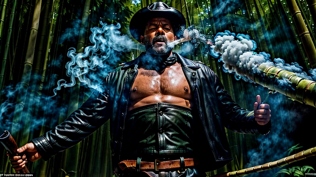 The Captain of the Forest, with an open-mouthed expression, uses vowels to speak -- leather jacket, long pants and hunter's boots, with a straw hat, gun at his waist, he is wounded and carried by men, one on the left side, the other on the right - - a lot of smoke around the body does not let him breathe - he is carried by two henchmen - a lot of smoke - the captain of the forest falls to the ground in the background a bamboo grove