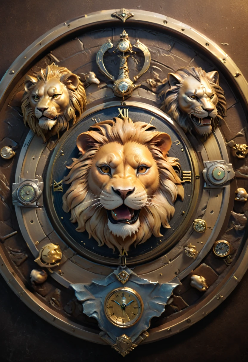 Epic Shield, (best qualityer, work of art, Representative work, offcial art, proffesional, 8K) Flat 2D effects, In the center of the medallion there is a lion, on the right paw there is a clock, in the left paw an hourglass, right below a bag of money