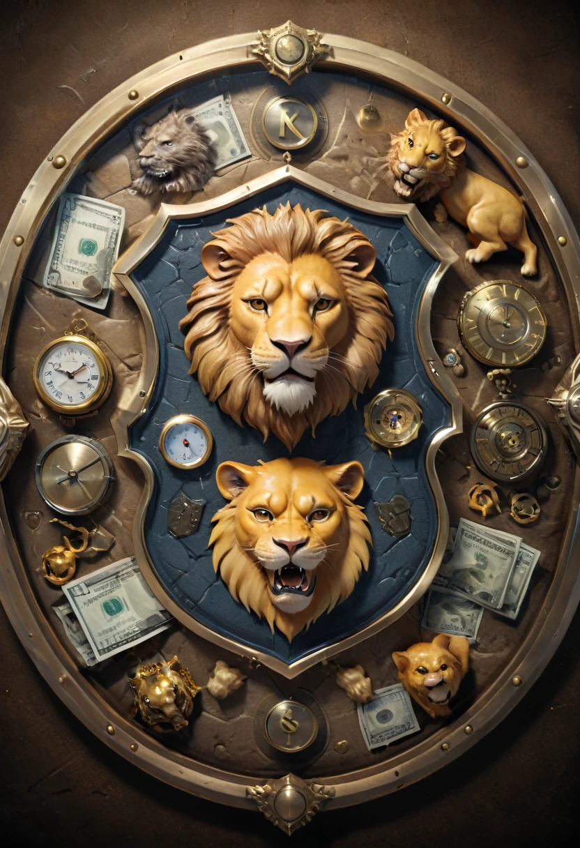 Epic Shield, (best qualityer, work of art, Representative work, offcial art, proffesional, 8K) Flat 2D effects, In the center of the medallion there is a lion, on the right paw there is a clock, in the left paw an hourglass, right below a bag of money
