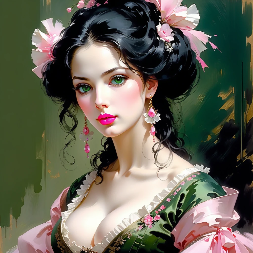 Victorian Hungarian women Women of the 19th century, Black hair, pink lips, Nice feature, Wadim Kashin, james gurney, ink, Splash Art", Amazing beauty , Royo, after sexing, Super detailed splash art modern European ink painting, mid gorgeous breasts, gorgeous body, oil painting, green eyes, blush.