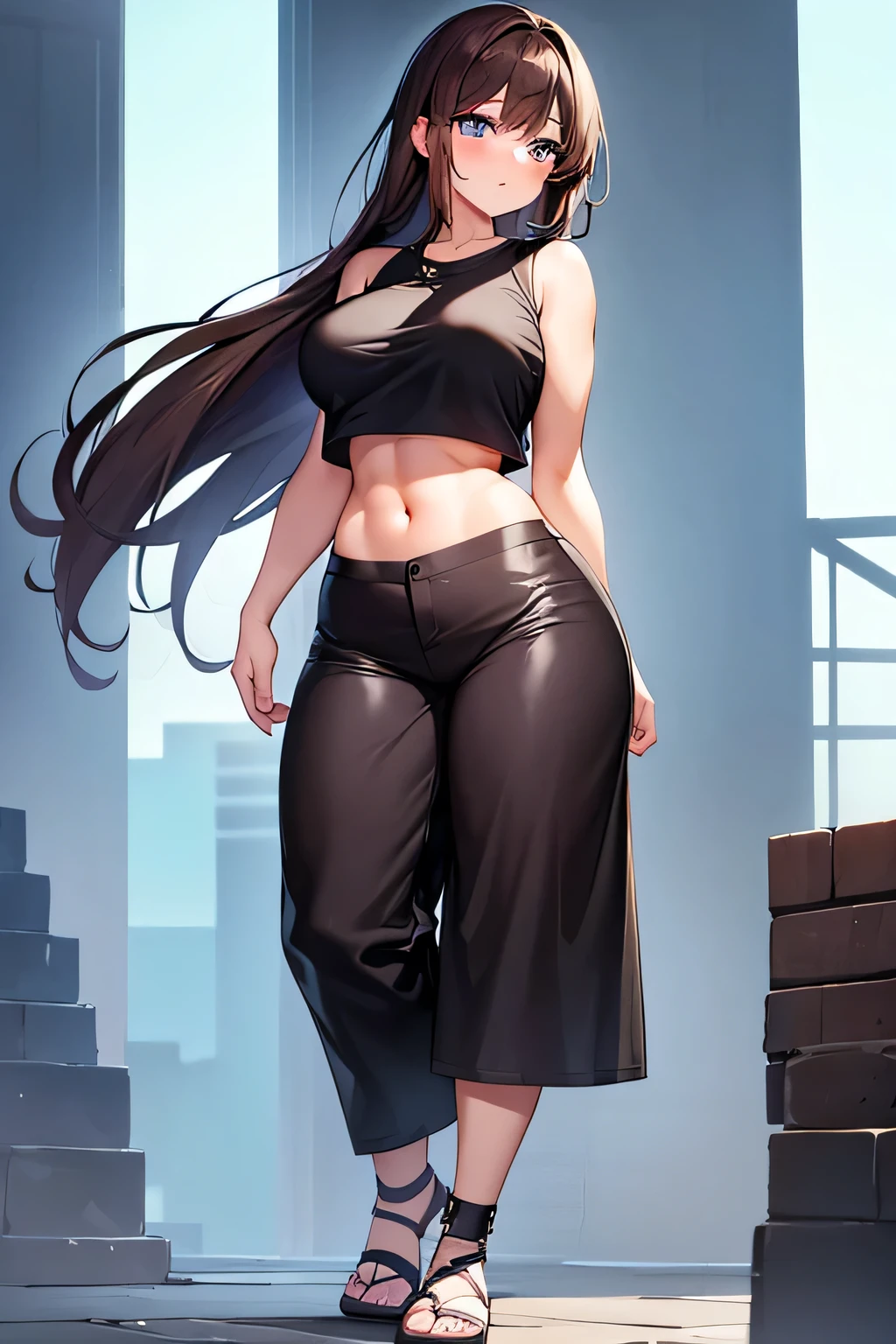 1girl, medium breast, black baggy pants, long brown hair, big blue eyes, medium breast, black shirt, purple crop top, curvy, happy, blushing, looking at camera, arms out, long legs, 8k, high resolution, masterpiece