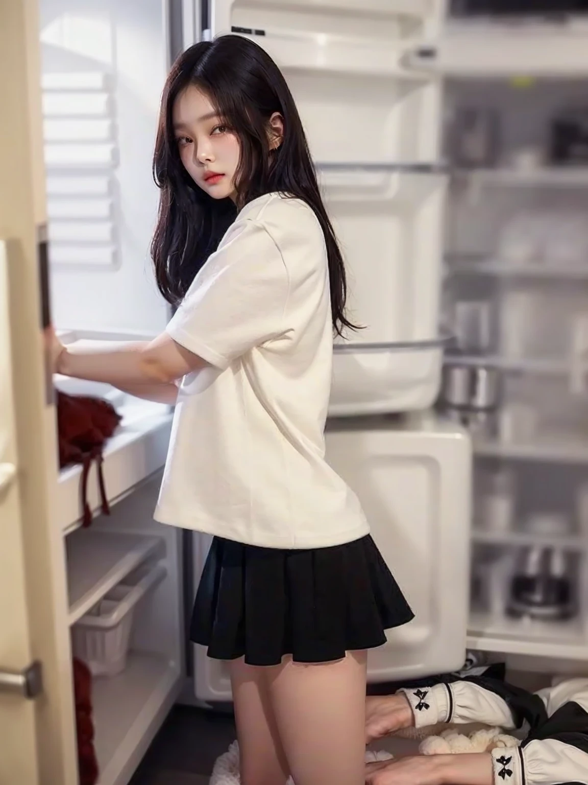 there is a woman standing in front of a refrigerator with a stuffed animal, white and black clothing, korean women's fashion model, ( ivory black ), korean girl, ulzzang, handsome girl, casual pose, jk uniform, 🤤 girl portrait, casual white garment, asian girl, white and black, high quality portrait, white trendy clothes, young asian girl