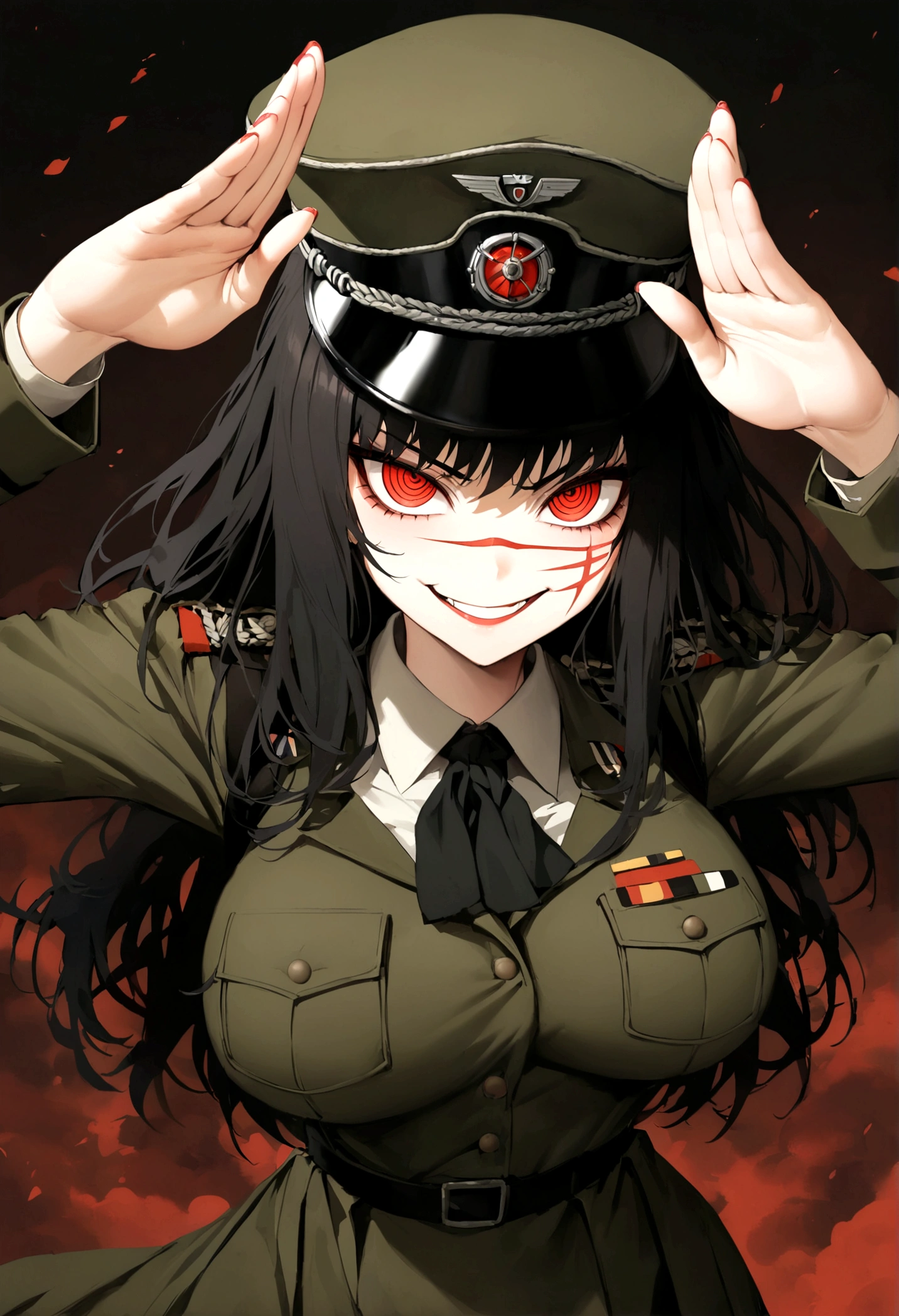 Girl, Yoru, WWII German military uniform, evil smile, piercing red eyes, ringed eyes, open jacket ,large breast, military hat, military salute, fullbody shot