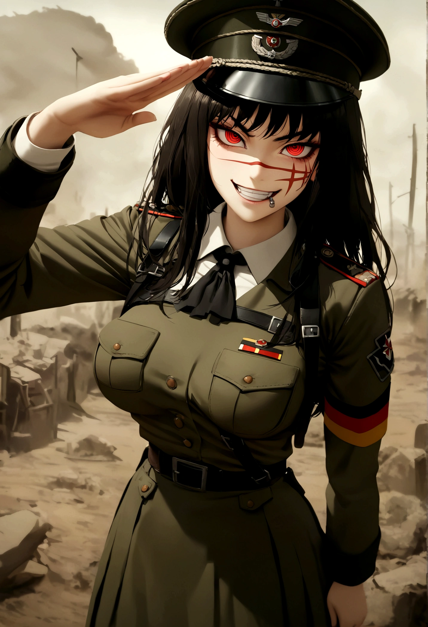 Girl, Yoru, WWII German military uniform, evil smile, piercing red eyes, ringed eyes, open jacket ,large breast, military hat, military salute, fullbody shot