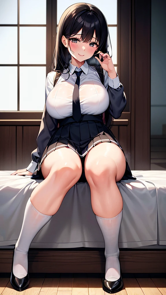 Full body portrait:1.3、masterpiece、Highest quality、Beautiful woman、Extraordinary beauty、White shirt、Short pleated skirt、(Crotch pose)、Knee socks、tie、Big Breasts 、Black-haired、A mischievous smile that pleases men:1.3、Beautiful legs、One Woman、Sweaty、blush、(Miyukino Hoshizora's School Uniform):1.2、Detailed costume、Detailed skin、Detailed face、Doing squats、Panties are visible、Open your mouth and stick out your long tongue:1.2、Hot breath