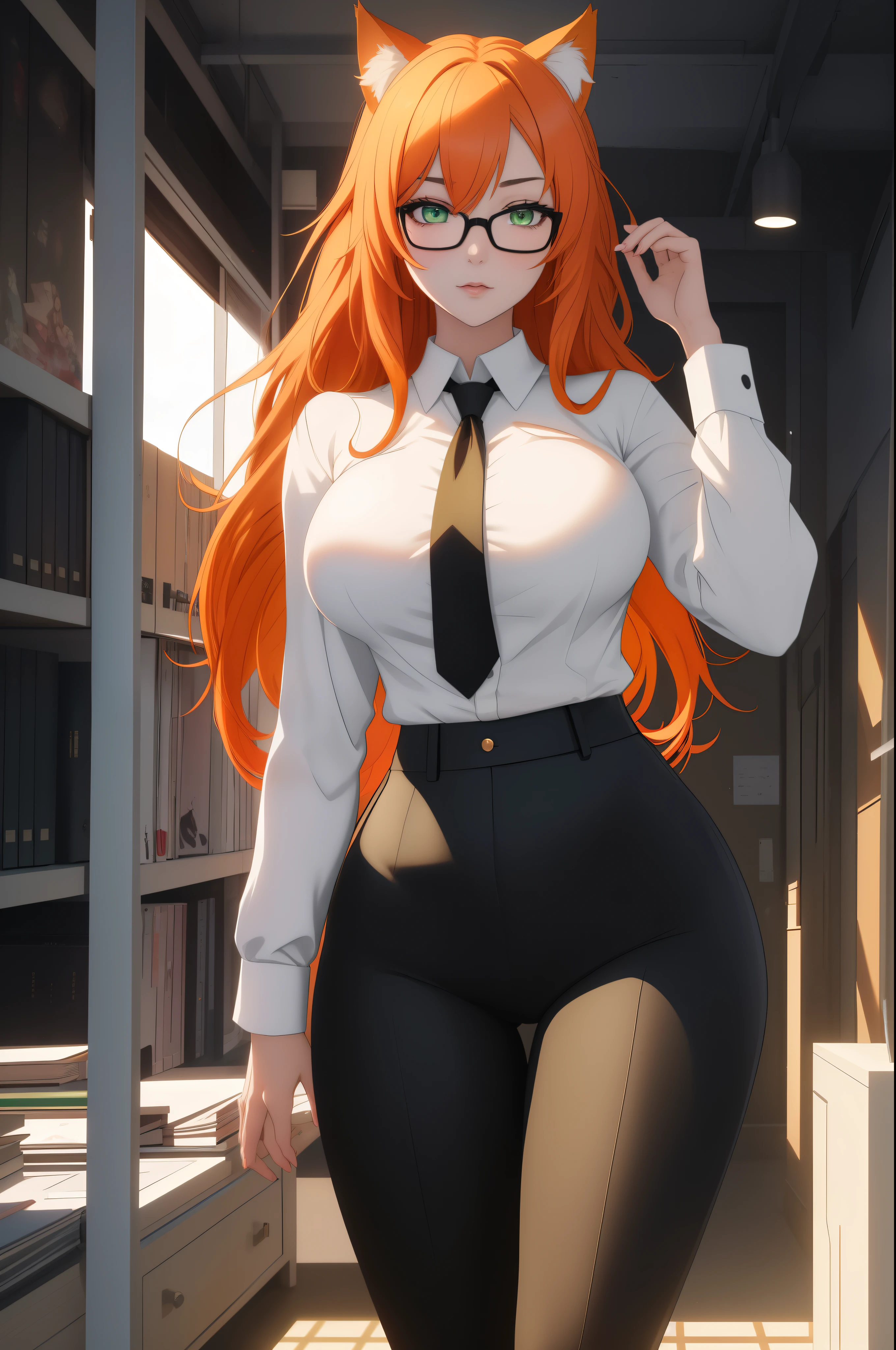 (masterpiece, Best quality), 8K, ultra detailed, realistic photo, Detailed face, perfect lighting, green eyes, bright orange hair, bright hair, fox ears, nice legs, side photo, beautiful, Cute, skin pores, 1 girl, perfect shirt, fully dressed, beautiful women 30 years old, Beautiful proportions, Russian woman, Caucasian, European, Business lady, stunningly beautiful woman, mother, thick legs, show ass, big breasts, (Thin white shirt:1.4), thick, hot, (White Office Wear:1.4), tight pants, (wide hips:1.2), thick, (white Office pants:1.3), spread your legs, Legs open, full length, wide hips, Glasses, with long orange hair, standing on the beach near the ocean, green eyes detailed digital anime art, cat ear, anime girl with long hair, гладкое аниме cg art, anime girl with long hair, digital anime art, work in Guweiz style, Beautiful anime portrait, Photorealistic render of an anime girl, pantyhose, Beautiful anime girl, advanced digital anime art, guweiz на artstation pixiv HD UHD HQ

