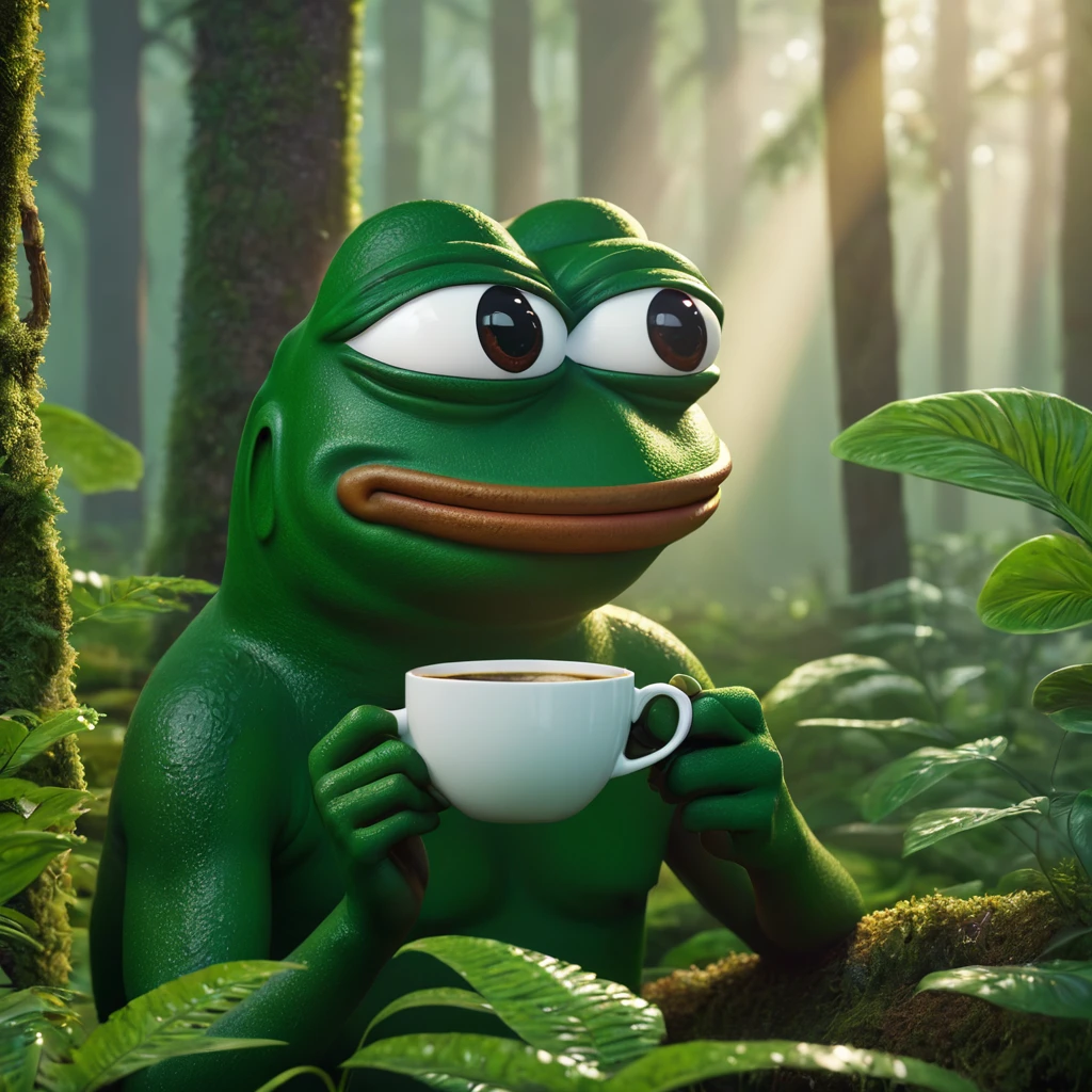 Pepe the frog, detailed frog character, drinking coffee, serene forest landscape, morning sunlight, detailed forest background, vibrant colors, lush greenery, photorealistic, highly detailed, 8k, hyper realistic, cinematic lighting, intricate textures, (best quality,4k,8k,highres,masterpiece:1.2),ultra-detailed,(realistic,photorealistic,photo-realistic:1.37)
