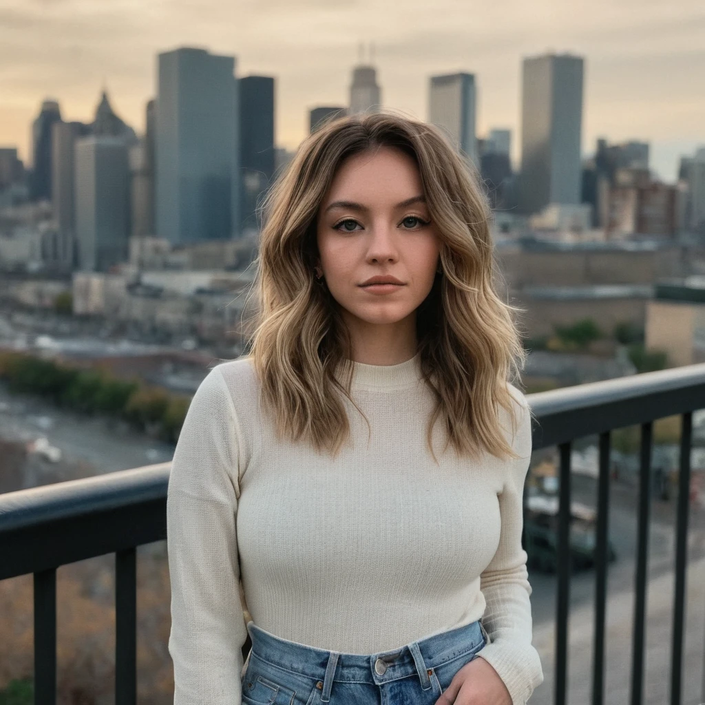 (Frontal camera),(skin texture, pores, natural,iPhone,RAW)), natural lighting, Half-length photo of a dressed woman with loose wavy hair and (tight) long sleeve top and jeans,looking directly at the camera, nikon z9, realistic matte skin, blurred city in the background,in front of the camera