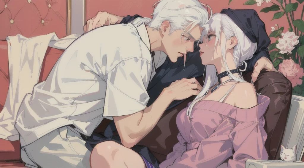 there is a drawing of a man and a woman, kissing on the sofa, cute kissing together, high quality fanart, (SFV) safe to work, very detailed exquisite fanart, 8 k!!, bite her lip, arm around her neck, best rating on pixiv, Lovers, White hair, cat&#39;s ears, hot