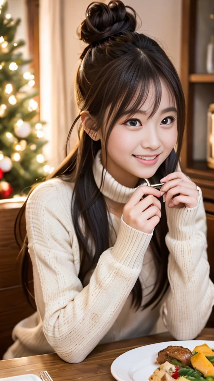 Female college student wearing cute winter clothes、double bun、Enjoy a delicious dinner on a warm Christmas evening。Around her、A dining table sparkling with Christmas decorations.、Create a warm atmosphere。Smiling female college student、Holding a fork、people eating special christmas meal々Depicting。.。.。The scent of dinner and the cold of winter mix together...、Enjoy your time。