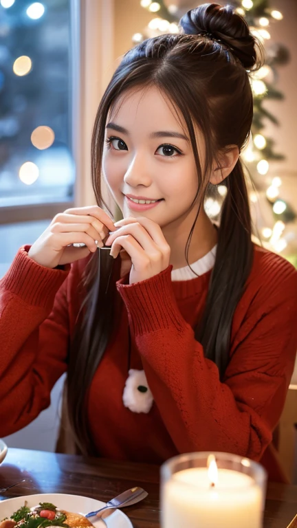 Female college student wearing cute winter clothes、double bun、Enjoy a delicious dinner on a warm Christmas evening。Around her、A dining table sparkling with Christmas decorations.、Create a warm atmosphere。Smiling female college student、Holding a fork、people eating special christmas meal々Depicting。.。.。The scent of dinner and the cold of winter mix together...、Enjoy your time。