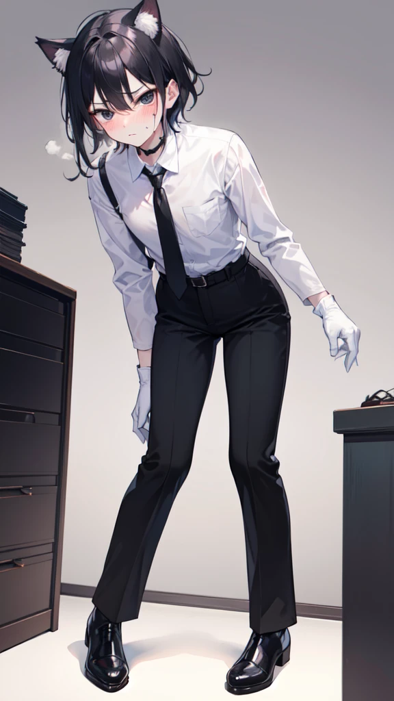 18-year-old Shota,cute,Wear a white long-sleeved shirt and a black work tie,Wear black pants,Wear black booties,Wear white gloves,wear cat ear,Black hair,Black eyes,Handsome,Disdainful and cold expression,shy,blush,Sweating,porn