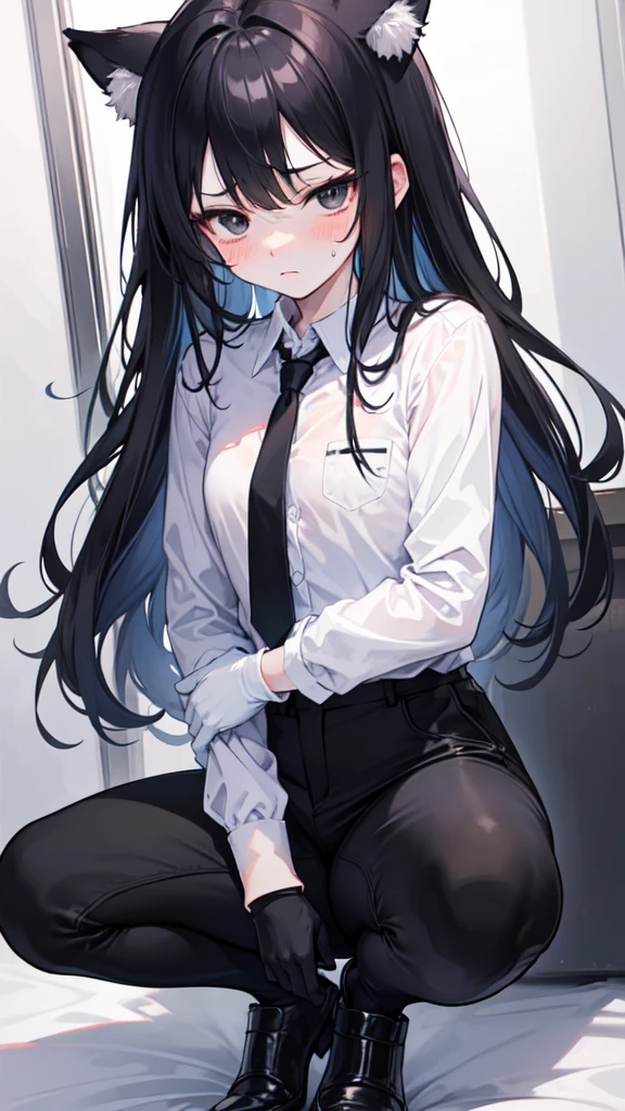 18-year-old Shota，cute，Wear a white long-sleeved shirt and a black work tie，Wear black pants，Wear black booties，Wear white gloves，wear cat ear，Black hair，Black eyes，Handsome，Disdainful and cold expression，shy，blush，Sweating，porn