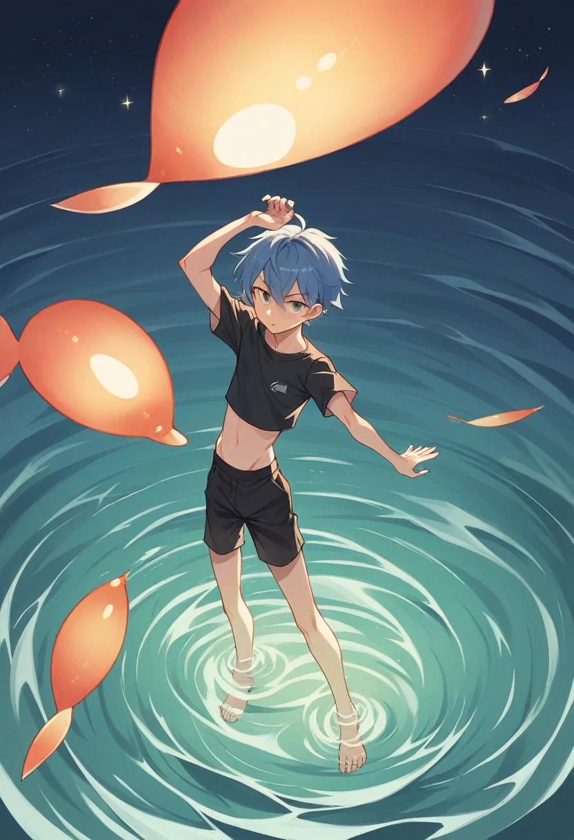 ((work of art, highest quallity)), at night, slim clothes, Kizi, put one foot in the sea water with just your toes, Kizi standing, Kizi sideways, Kizi between the horizon and the sea, olhando de lado, ripples spread across the toes, the scene is about 20 meters away, above the sea, at night, the whole scene shines, there's a meteor shower