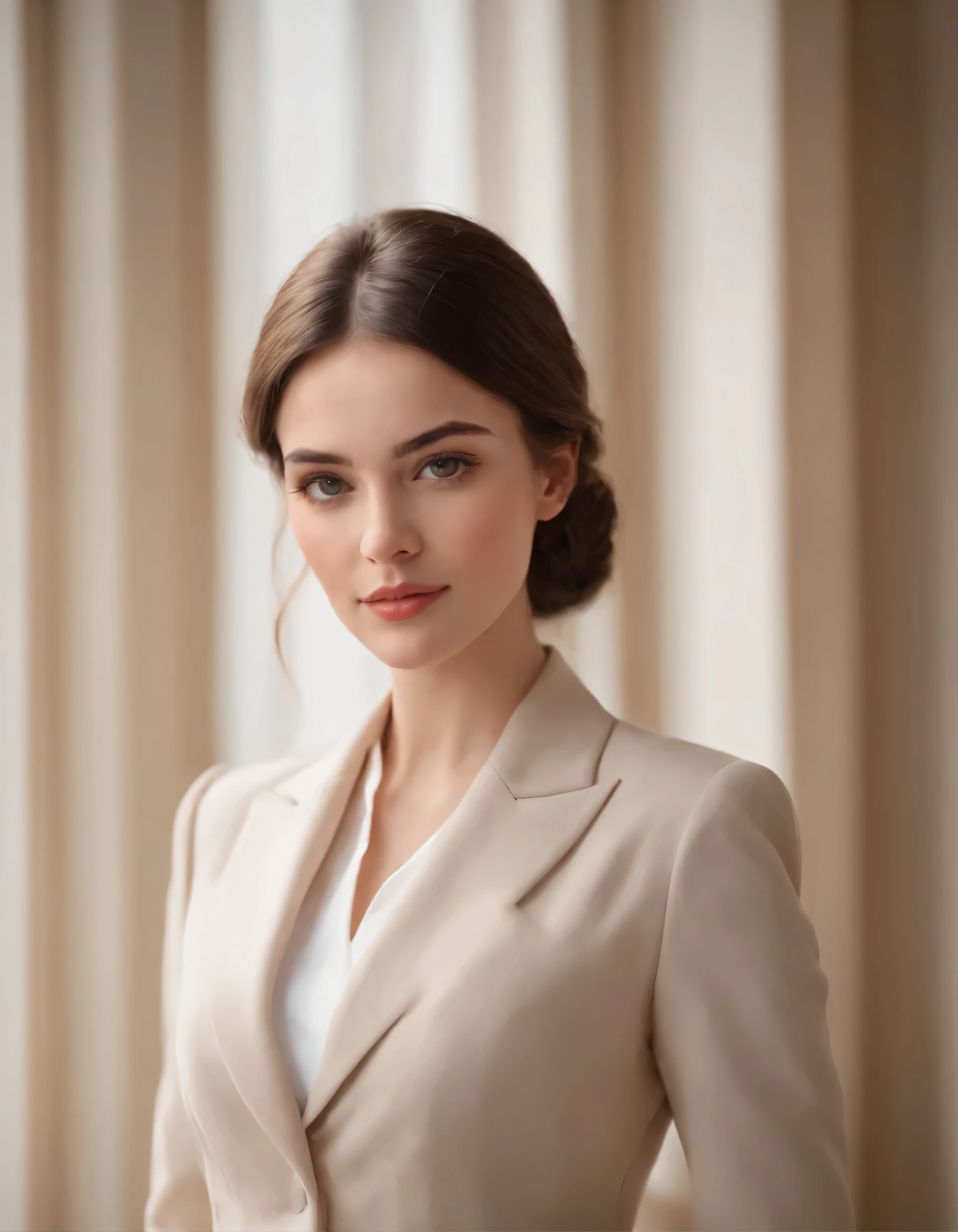 young brunette dressed in tailor suit, light background, in the style of ultra-fine details, top quality photo, 35 mmf/5.6.