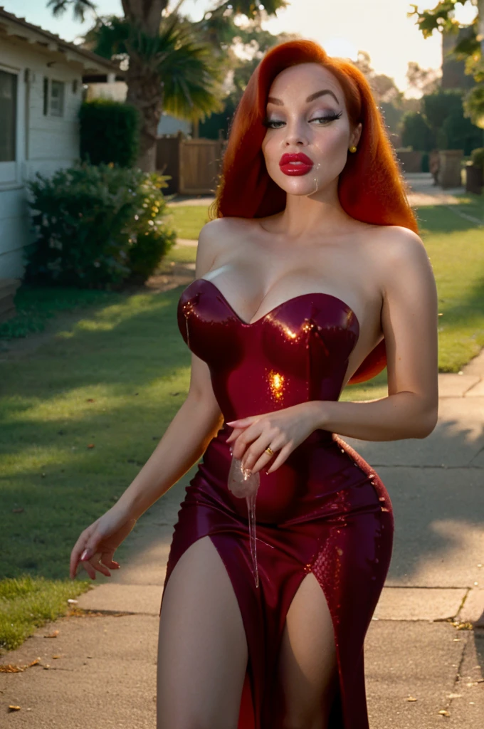 Jessica Rabbit,  walking  cum facial,  cum hair,  cum dress, very detailed face features, provocative look,  sun shiny  day