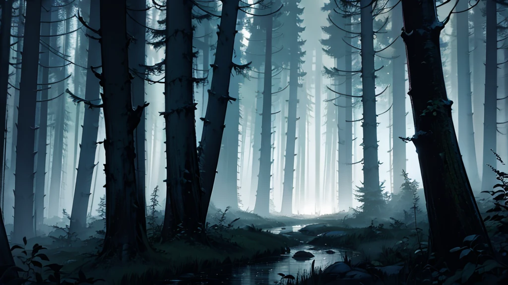 dark forest raining at night