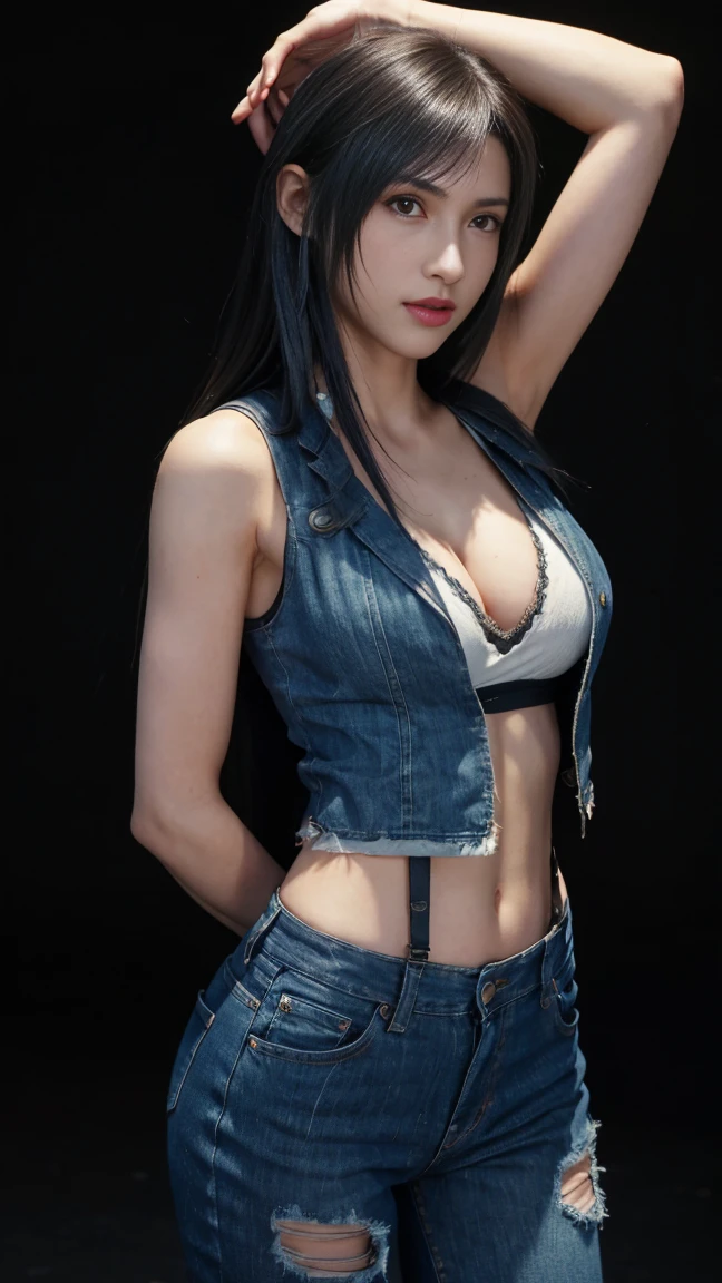 8K, Top Quality, Intricate Details, Ultra Detail, Ultra High Resolution, Masterpiece, close up shot, (full body: 1.1), Slender, Smile, (Makeup: 0.4), ,(( red eyes, black hair, bangs, long hair)), (Fluffy Eyes: 1.21), (()), 1girl, solo, 1 girl, ((Tifa,Tifa・lockhart,Final Fantasy 7,FF7,l)), close up shot, , ((tall)), (((fit body))), (((slim face))), sharp face, ((mini open vest, denim open vest, torn denim)) ,(detailed face), sharp face, small lips, , ,(( )) ,, ,
((,no bra, braless )), , (( )), detailed face, detailed , large breast breast, detpples ,, Narrow Skinny, tall , 190 cm tall, Muscular, Navel, Exposed Abdomen, Pointed Chest,, Beautiful girl with accentuated slender abs: 1.4, Six Pack Abs: 1.4, , Perfect Body, detail legs, (( dark background)), black background,