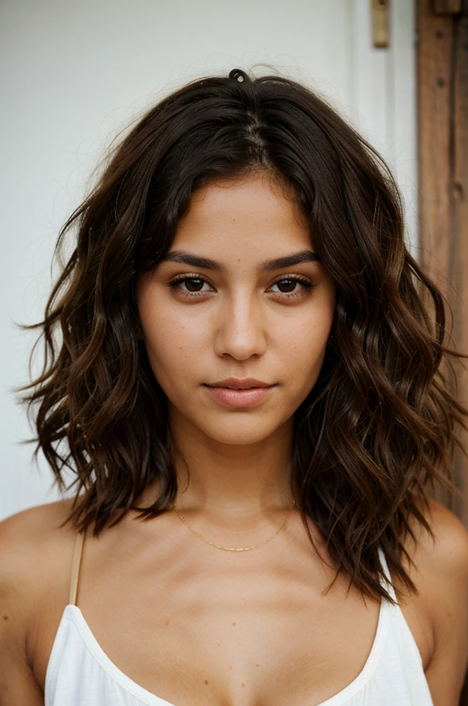 Woman with short, wavy hair, striking brown eyes and tanned skin