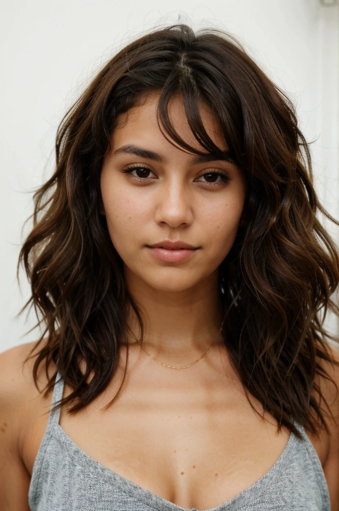 Woman with short, wavy hair, striking brown eyes and tanned skin