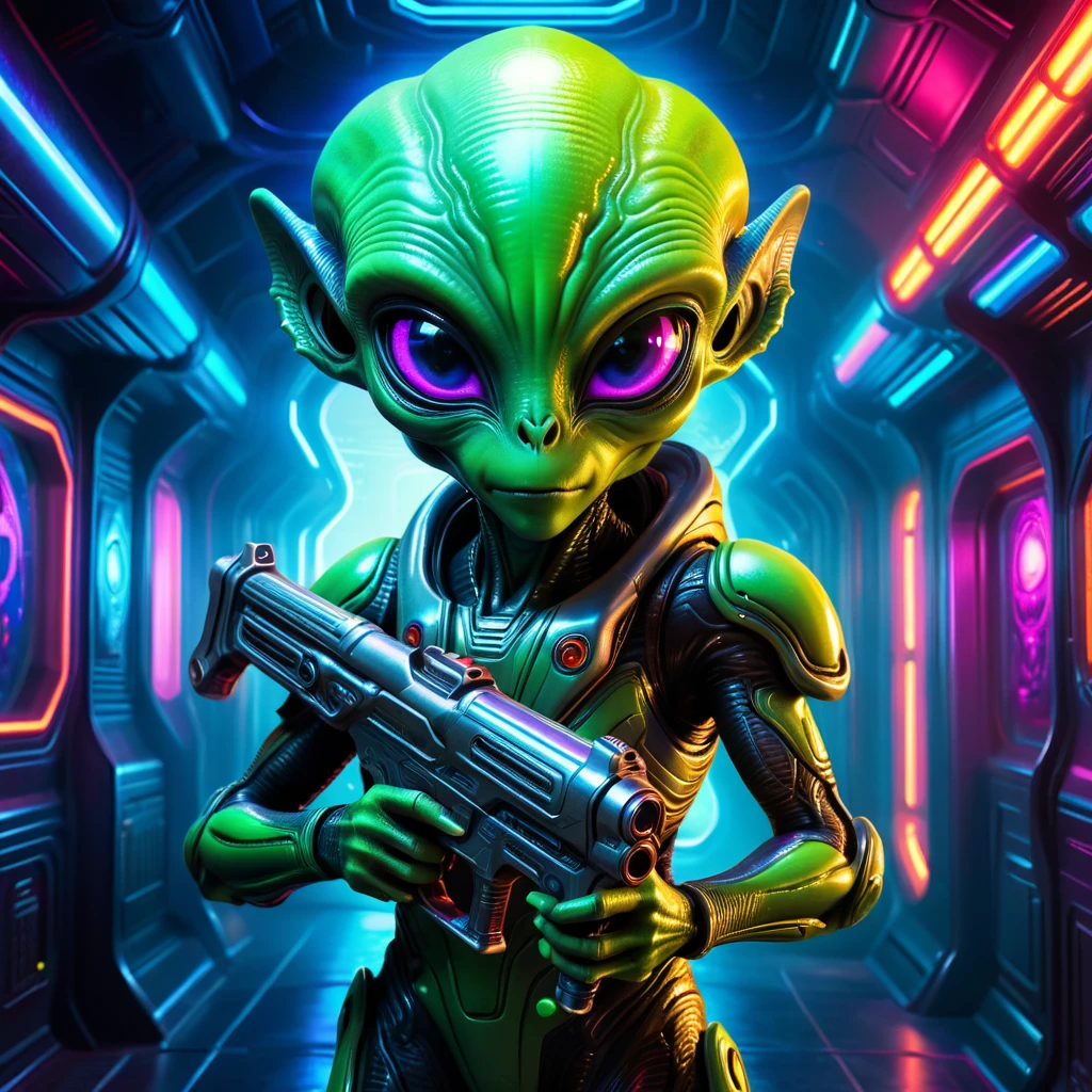 cute alien with a space gun, 1 alien, detailed alien face, alien holding futuristic space gun, detailed alien hands, detailed alien eyes, detailed alien expression, alien in a sci-fi setting, advanced alien technology, glowing neon lights, vibrant color palette, cinematic lighting, dramatic shadows, intricate alien features, detailed alien skin texture