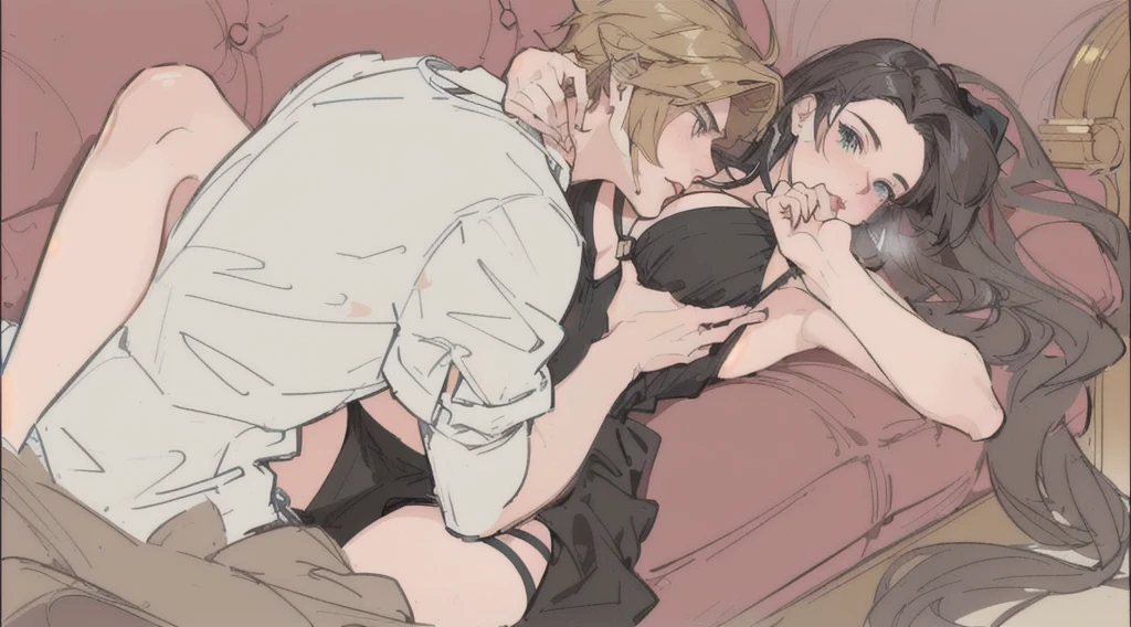 there is a drawing of a man and a woman, kissing on the sofa, cute kissing together, high quality fanart, (SFV) safe to work, very detailed exquisite fanart, from Kamagurka, in pixies, from ff7, 8 k!!, bite her lip, arm around her neck, best rating on pixiv, ❤🔥🍄🌪