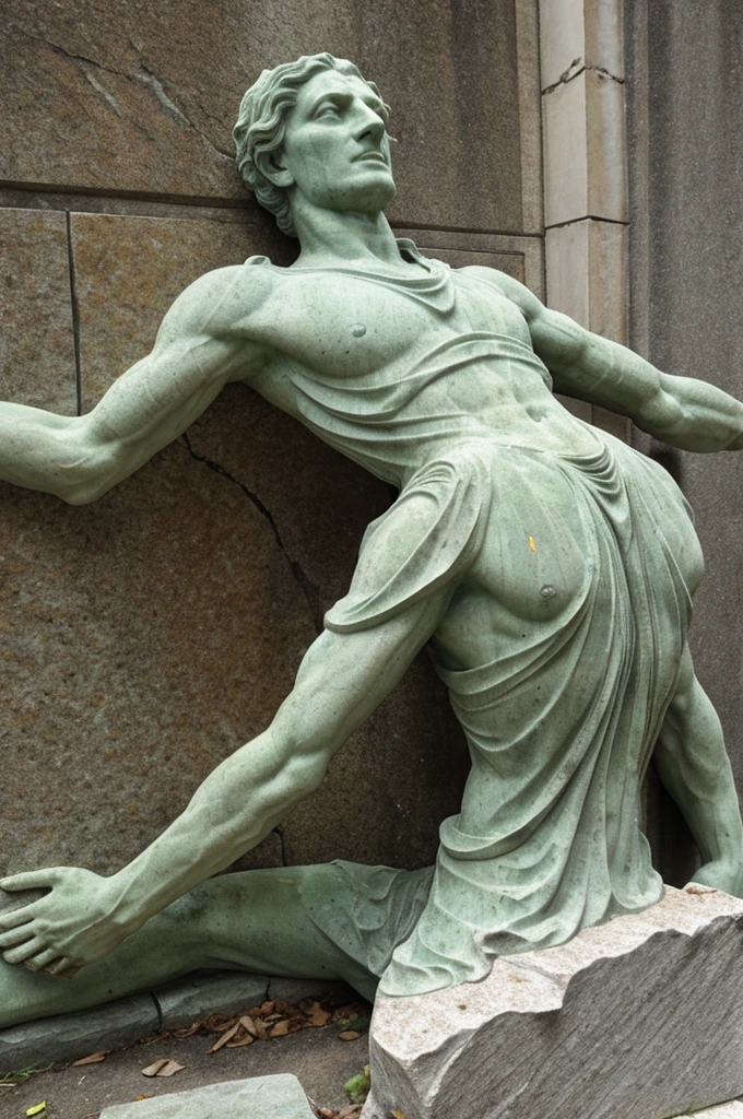 Stone statue with cracks and covered in mold, with arms, legs and face split in half.