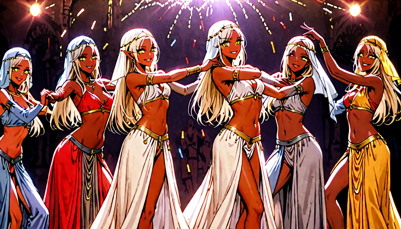 female, sfw, copper skin, long hair, platinum blonde hair, silky hair, braided hair, pointed ears, slim waist, bandit, Arabian, dancing, golden eyes, smile, abs, veil, seductive, coordinated dancing, fun, party, female dancers on stage