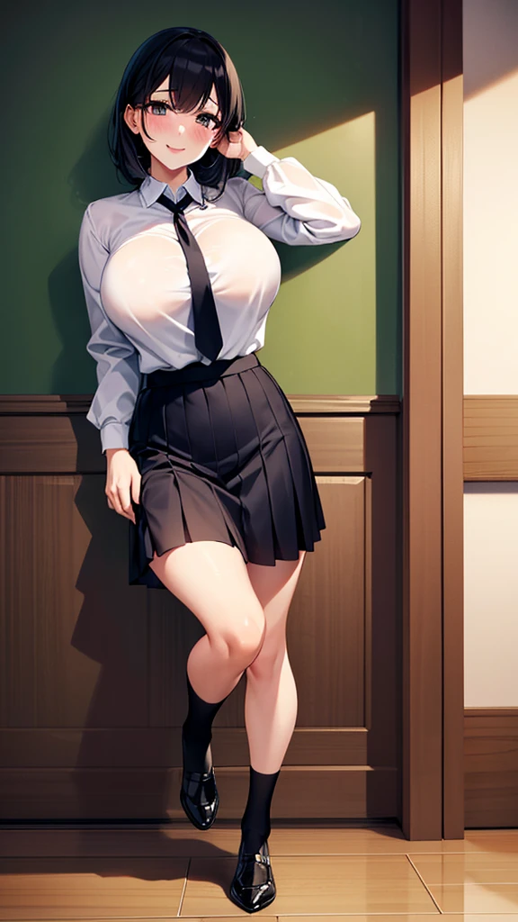 Full body portrait:1.3、masterpiece、Highest quality、Beautiful woman、Extraordinary beauty、White shirt、Short pleated skirt、(Crotch pose)、Knee socks、tie、Big Breasts 、Black-haired、A mischievous smile that pleases men:1.3、Beautiful legs、One Woman、Sweaty、blush、(Miyukino Hoshizora's School Uniform):1.2、Detailed costume、Detailed skin、Detailed face、Doing squats、Panties are visible、Open your mouth and stick out your long tongue:1.2、Hot breath