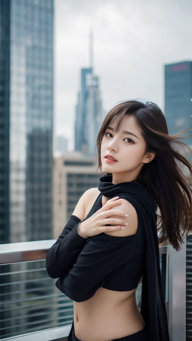masterpiece,best quality,ultra detailed,highres,high-resolution,4K,realistic,RAW photo,((real person)),portrait photography,photorealistic,detailed skin,(delicate black eyes ), A soothing woman with sagging eyes,Calm and calm, middle hair,skinny,clothing,The wind is blowing,tareme、Standing on the edge of a rooftop of a skyscraper, a woman resembling a goddess, draped in a scarf covering her chest and intimate area.、distance、Beautiful legsデコルテ、Beautiful legs