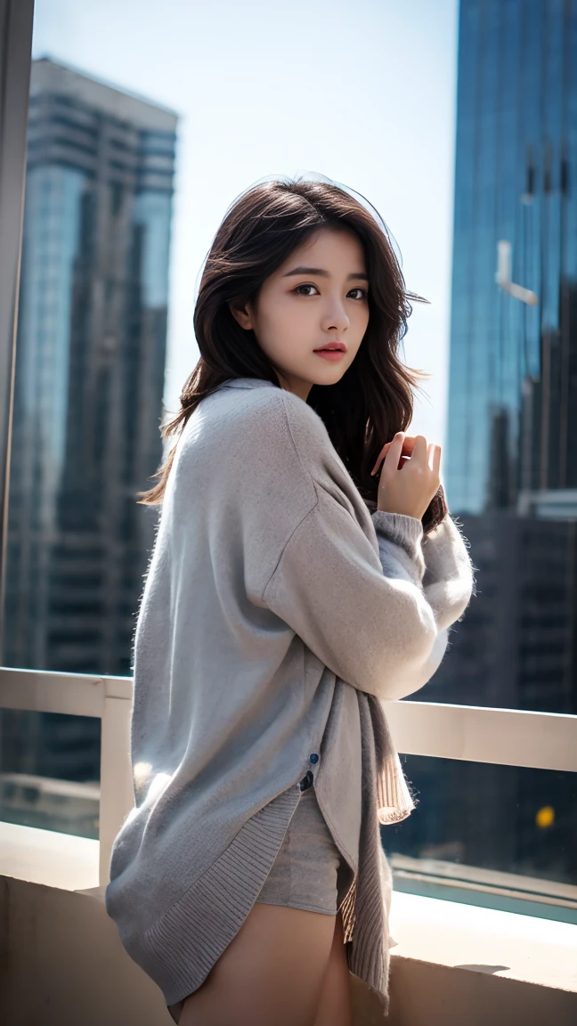 masterpiece,best quality,ultra detailed,highres,high-resolution,4K,realistic,RAW photo,((real person)),portrait photography,photorealistic,detailed skin,(delicate black eyes ), A soothing woman with sagging eyes,Calm and calm, middle hair,skinny,clothing,The wind is blowing,tareme、Standing on the edge of a rooftop of a skyscraper, a woman resembling a goddess, draped in a scarf covering her chest and intimate area.、distance、Beautiful legsデコルテ、Beautiful legs