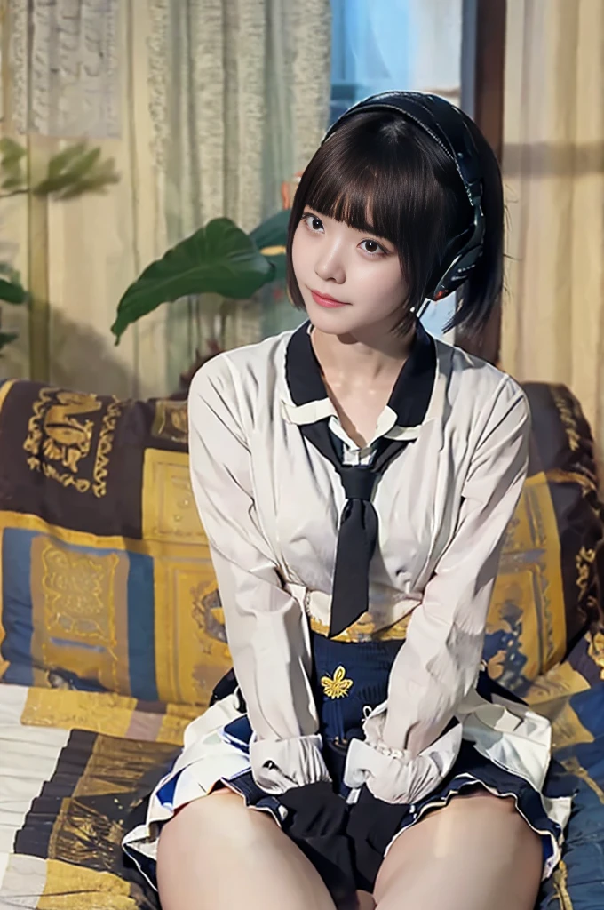 masterpiece、Highest quality、Awareness-raising、Ultra-detailed、High resolution、Absurd、One Girl、very cute、short hair、smile、[Sailor suit in white tones]、internal、shoulders are cut off、Yellow neckerchief、White ribbon、[Headphones]、Audiences love it、Heart background、Love love、Optics、Delicate hands、Chiquita、she、Bedroom、night、Delicate eyes、Blue Archive Style、NSFW、(((Lift your skirt up yourself))),Panties Off,socks, (Black knee socks),(Loafer shoes), A horizontal seat with its back to the window、(Boy and girl having sex)，Pantyless、（（Milky white fluid around the vaginal opening）），Sitting in a chair,Big Breasts, ( Naughty, Half-open eyes, Drooling), Spread your legs, Thigh focus, [Full Body Shot], Shooting from below、((Emma Watson))、Hyperas、A beautiful crack、Hermione、naked、