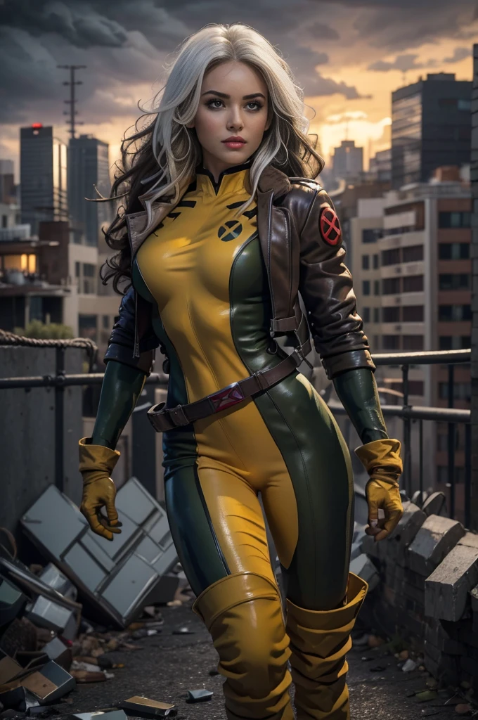 (whole body),Rogue of the X-men,Beautiful detailed eyes,beautiful detailed lips,extremely detailed eyes and face,long eyelashes,hair with beige and white highlights,messy wavy hair,green eyes expressive eyes,pale skin,fierce expression,powerful aura,safe posture,The characteristic white streak of hair of the rogue.,powerful energy surging from your body,torn and tied gloves,green and yellow tight jumpsuit,Black combat boots,worn leather jacket,ripped jeans,gritty and dark lighting,cityscape background,rising sun in the distance,cloudy sky,moody atmosphere,comic style,paint-like medium,vibrant colors,High contrast,sharp details,classic superhero pose