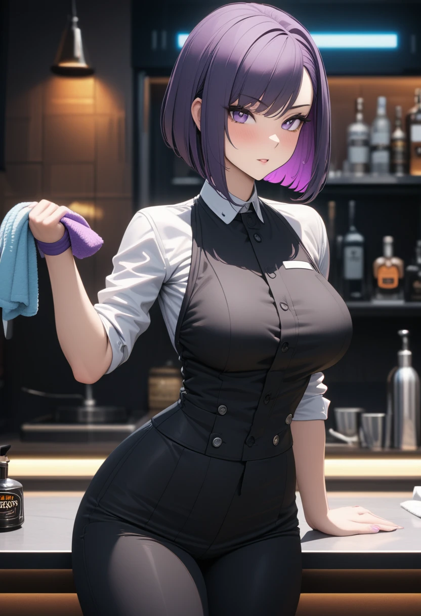 Adult Female, Black purple hair, slanted bob haircut, phlegmatic, medium bust, -bearing hips, perfect purple eyes, cyberpunk bar, bartender, bartender uniform, highly detailed, high quality, perfect quality, 8k, cleaning, solid black pupils, highly detailed skin, highly detailed anatomy