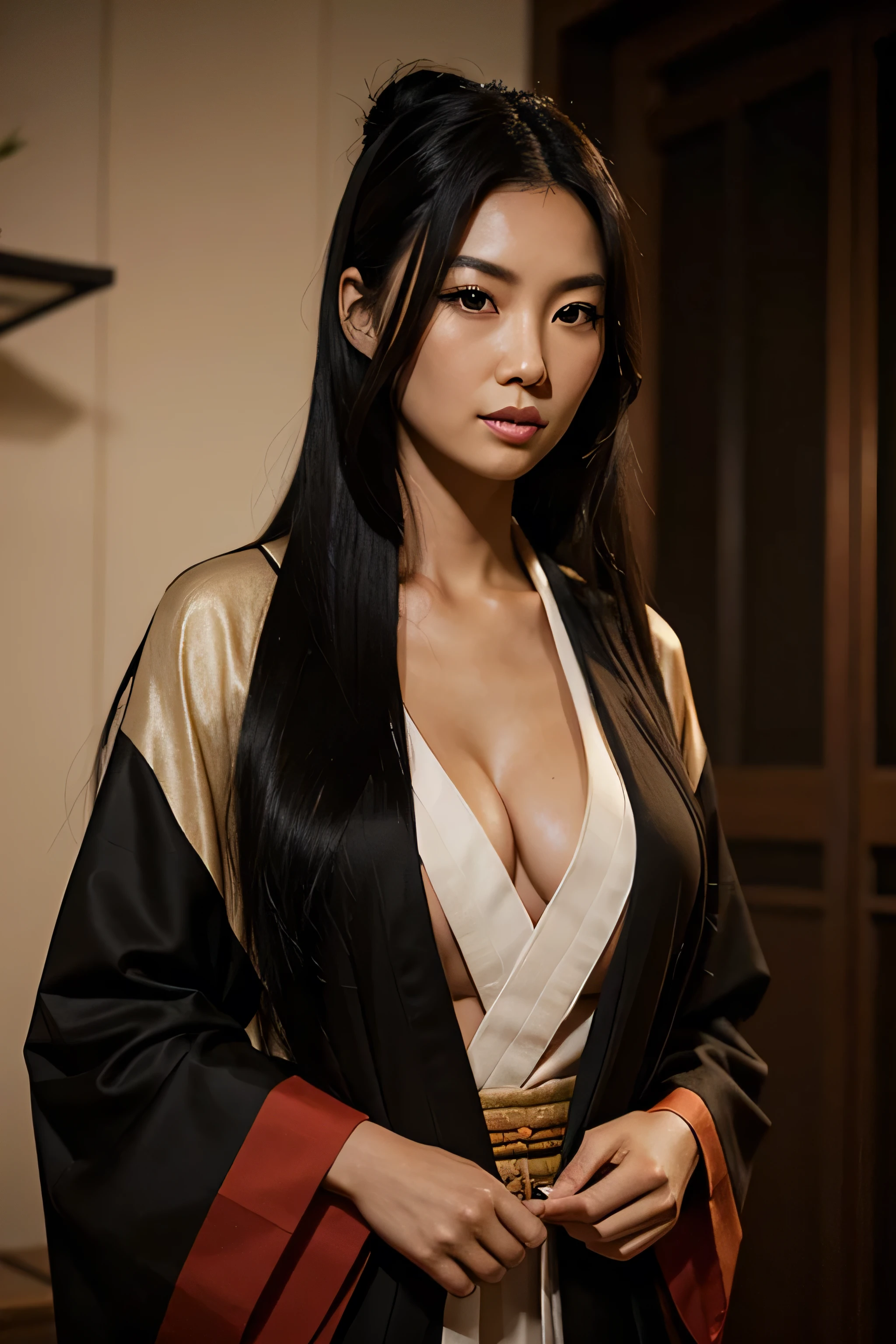 photorealistic asian, tall girl with dark tanned, and colossal breasted Asain, extremely long black hair, in her 30s with a primitive wide-open kimono