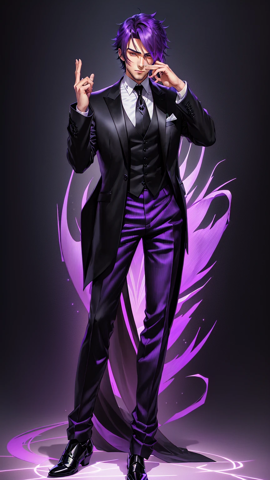 a man in a black suit and purple pants is holding his hand up to his face, anime full body illustration, single character full body, tall anime guy with blue eyes, male anime character, !!full body portrait!!, full body single character, full body illustration, character full body portrait, handsome anime pose, fullbody portrait, official character art, full body character portrait
