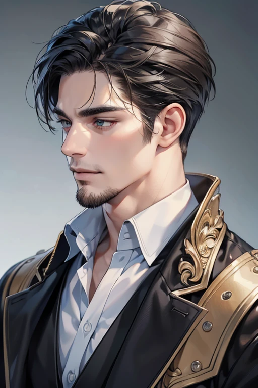 (best quality,4k,8k,highres,masterpiece:1.2),ultra-detailed,(realistic,photorealistic,photo-realistic:1.37),30 year old man,3 day beard,handsome anime,portraits,strong,masculine,dark hair,sharp jawline,mesmerizing eyes,perfectly styled hair,cool anime outfit,confident expression,vibrant colors,dynamic lighting, CEO and expression smile in love.