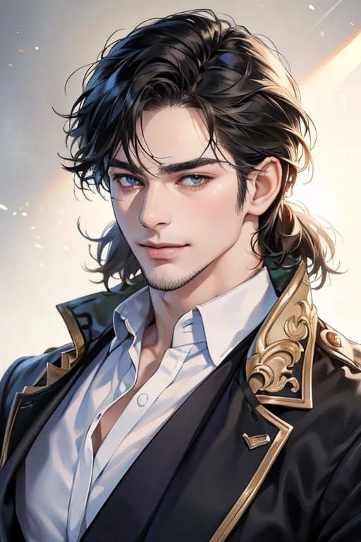 (best quality,4k,8k,highres,masterpiece:1.2),ultra-detailed,(realistic,photorealistic,photo-realistic:1.37),30 year old man,3 day beard,handsome anime,portraits,strong,masculine,dark hair,sharp jawline,mesmerizing eyes,perfectly styled hair,cool anime outfit,confident expression,vibrant colors,dynamic lighting, CEO and expression smile in love.