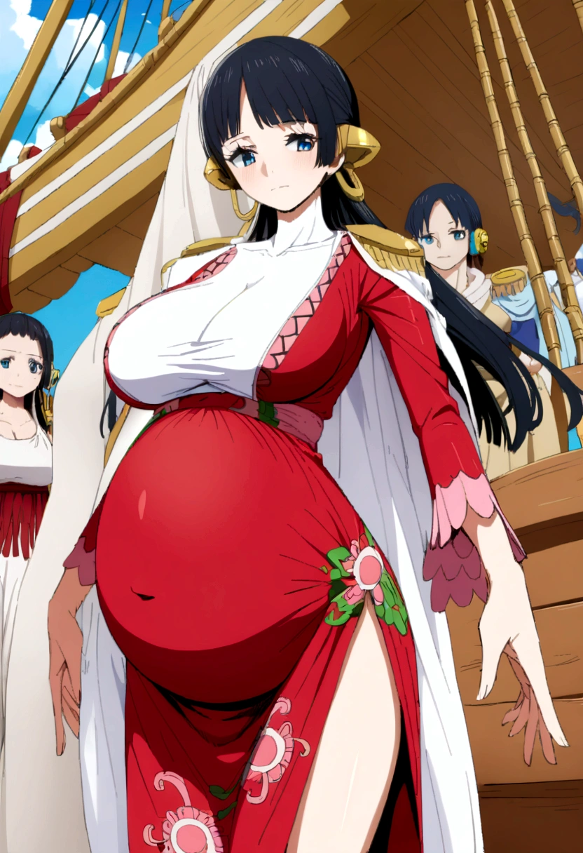 (anime ,2D) Women, average height ,clear skin,thin face ,blue eyes,black hair , waist length ,fringe,Skinny body,big breasts,small waist,a greek dress,Pregnant, on a pirate ship,